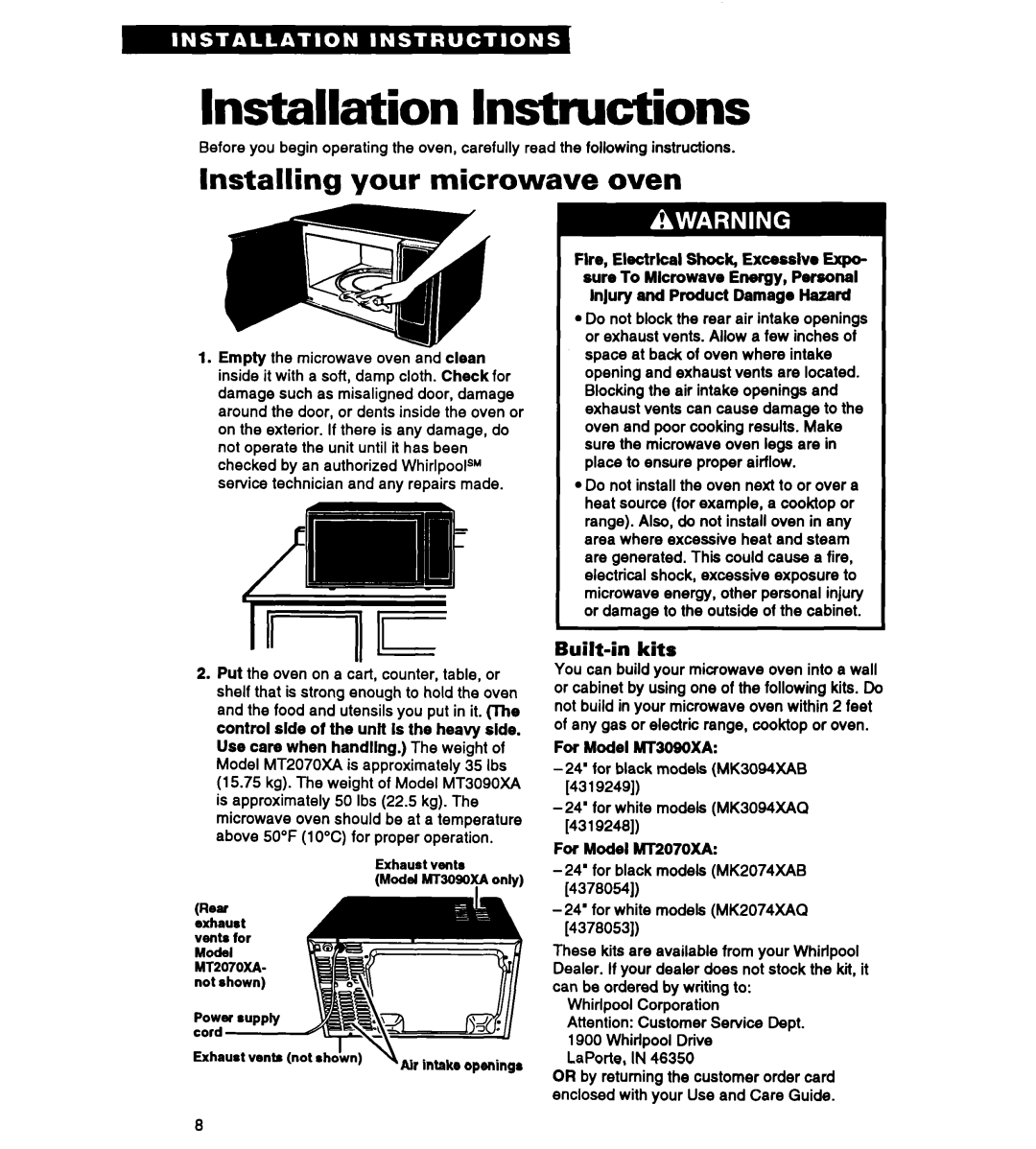 Whirlpool MT2070XAB, MT3090XAQ/B warranty Installation Instructions, Installing your microwave oven, Built-in kits 