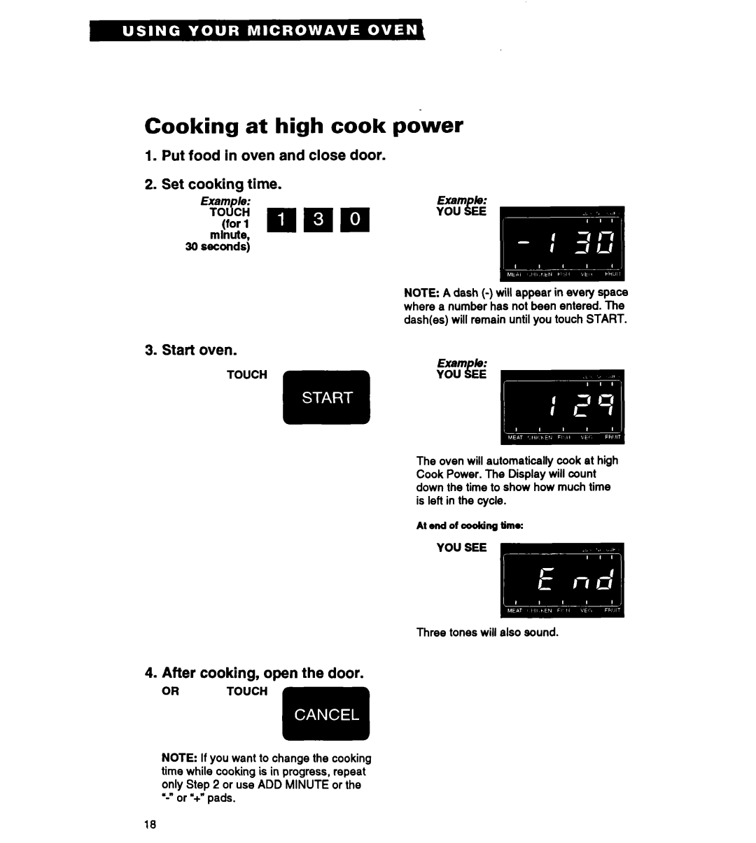 Whirlpool MT2070XAB, MT3090XAQ/B Cooking at high cook power, Put food in oven and close door, Set cooking time, Start oven 
