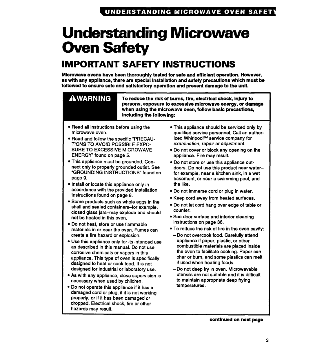 Whirlpool MT3090XAQ/B, MT2070XAB warranty Understanding Microwave Oven Safety, Important Safety Instructions 