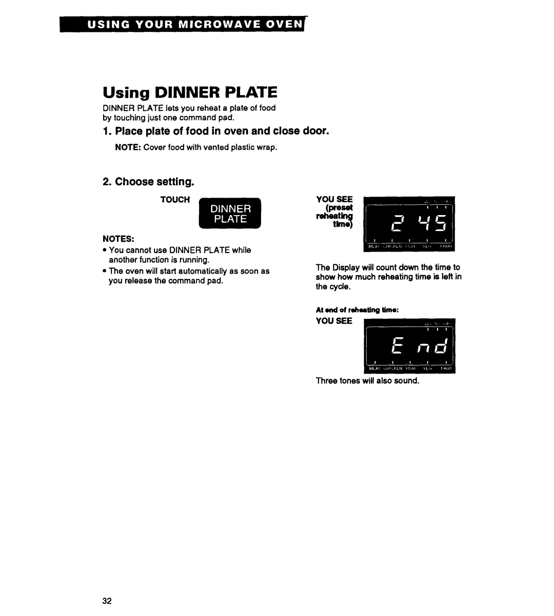 Whirlpool MT2070XAB, MT3090XAQ/B warranty Using DINNER PLATE, Place plate of food in oven and close door, Choose setting 