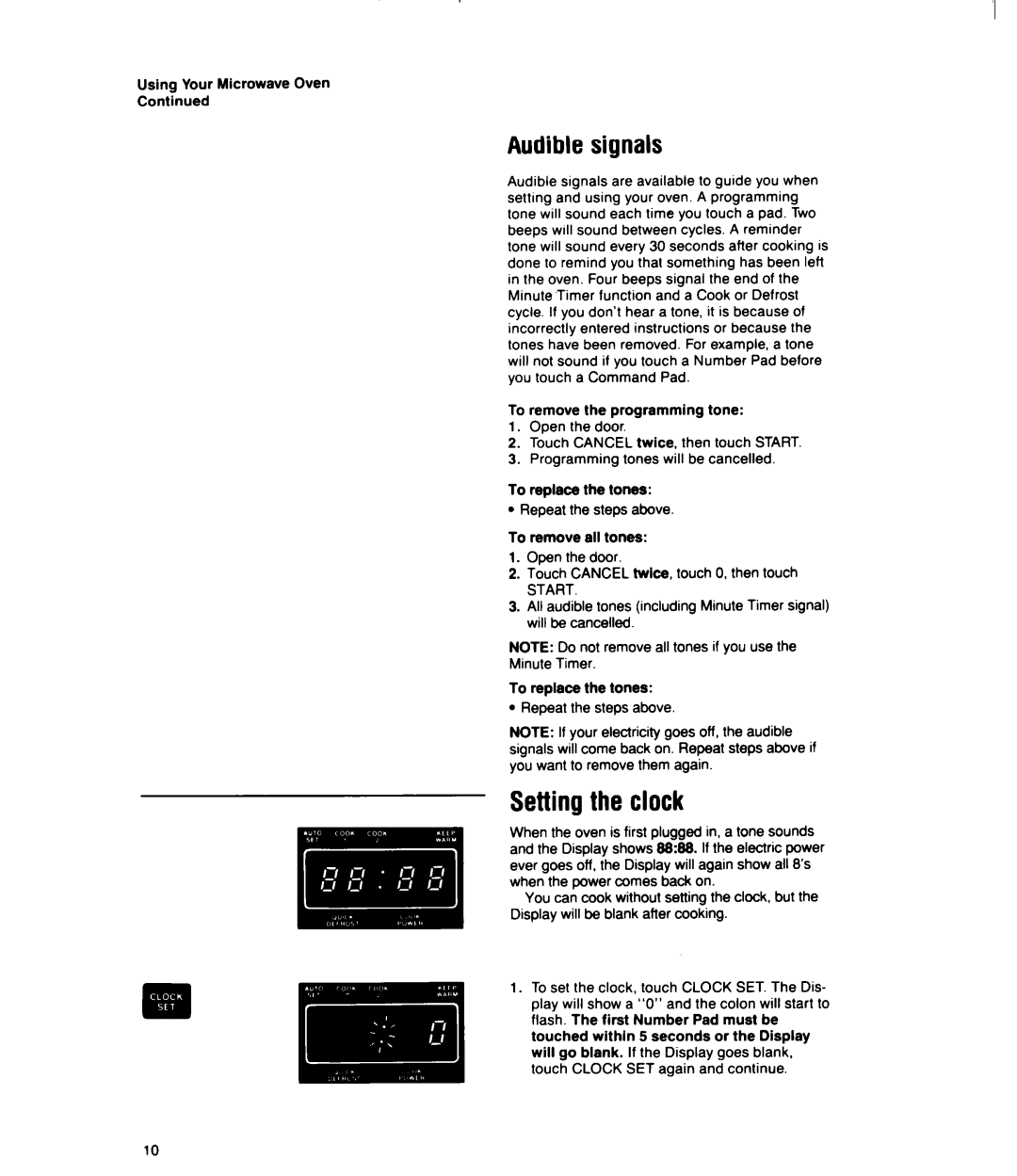 Whirlpool MT2100XY user manual Audible signals, Setting the clock, Using Your Microwave Oven 