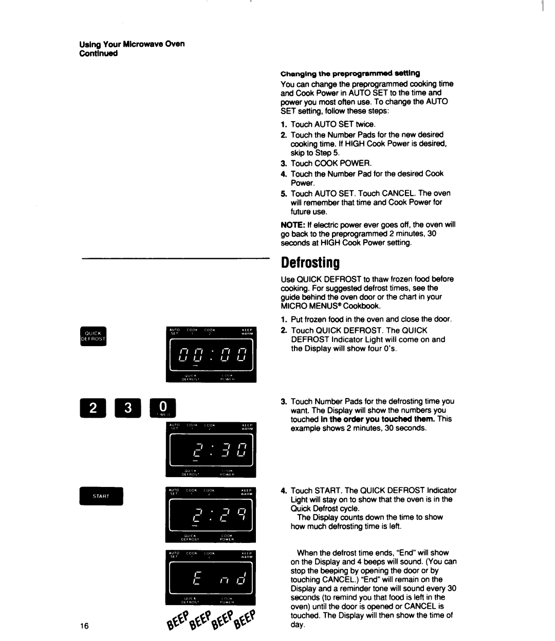 Whirlpool MT2100XY user manual Defrosting, Uslng Your Mlcroweve Oven Contlnued 