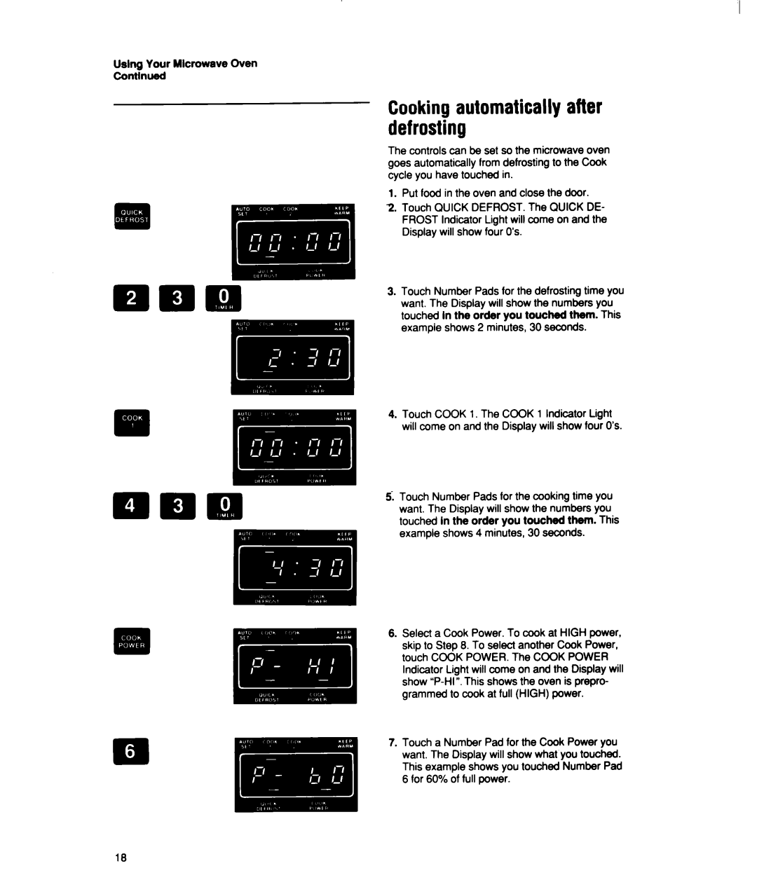 Whirlpool MT2100XY user manual Cooking automatically after defrosting, Uslng Your Mlcrowave Oven Contlnued 