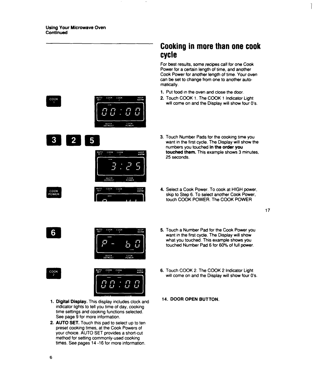 Whirlpool MT2100XY user manual Cooking in more than one cook cycle, Numbers you touched In the order you, Seconds 