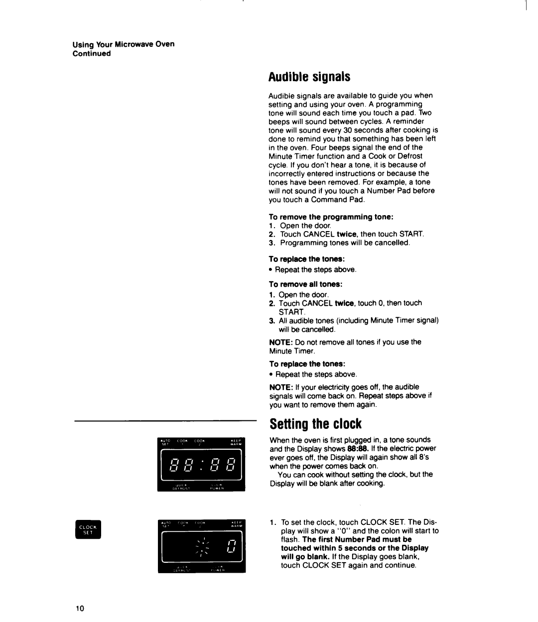 Whirlpool MT2100XY user manual Audible signals, Setting the clock 