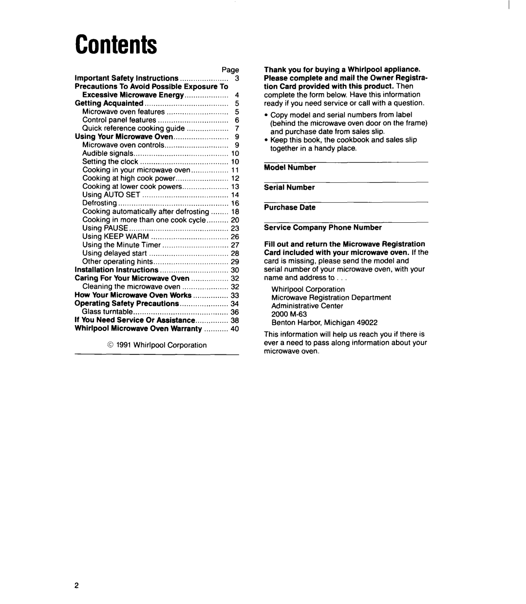 Whirlpool MT2100XY user manual Contents 