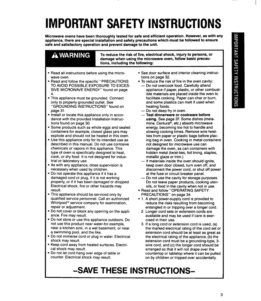 Whirlpool MT2100XY user manual Savethese Instructions, Importantsafetyinstructions 