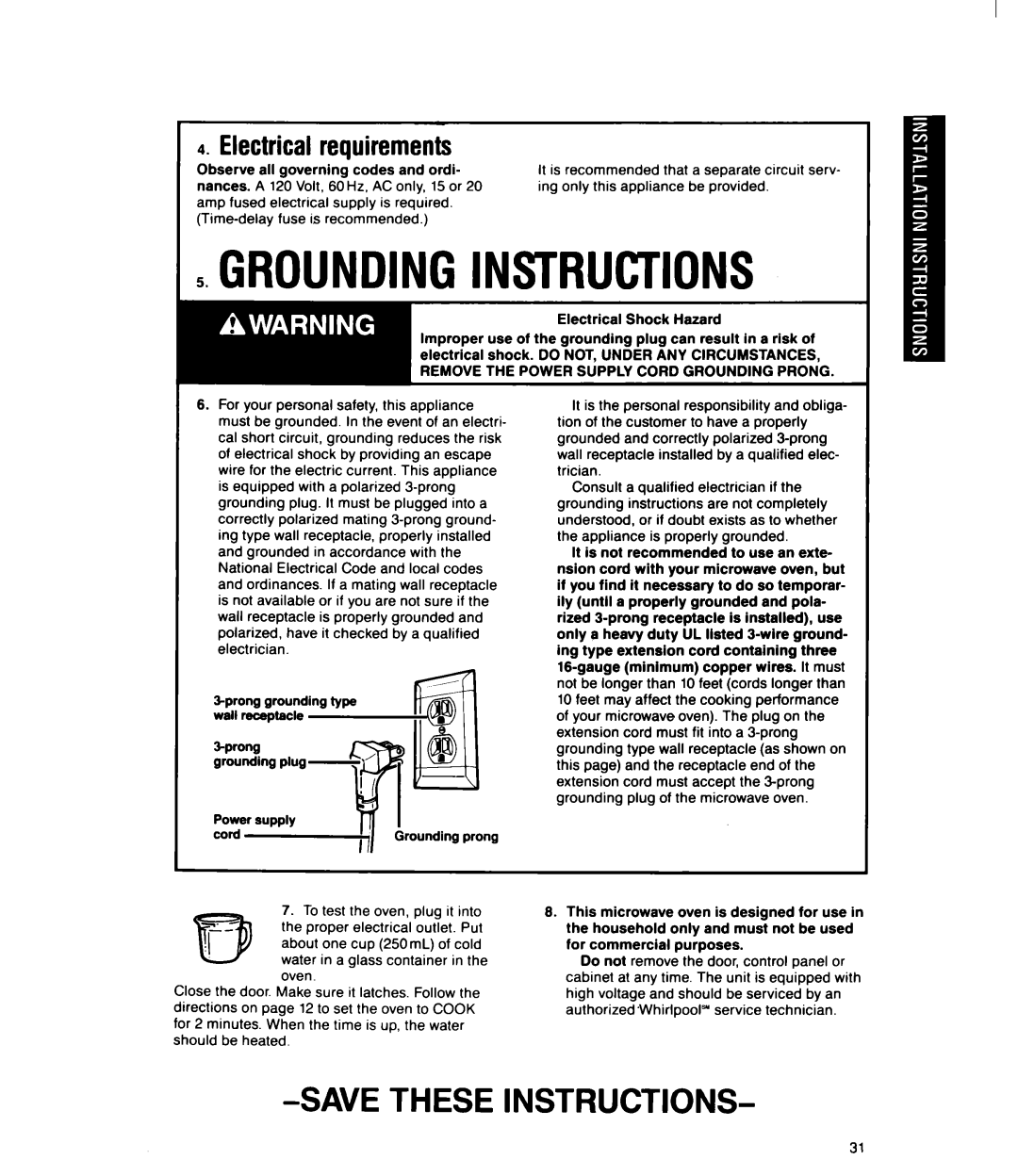 Whirlpool MT2100XY user manual 5GROUNDING.INSTRUCTIONS, Electrical requirements, Savethese Instructions 
