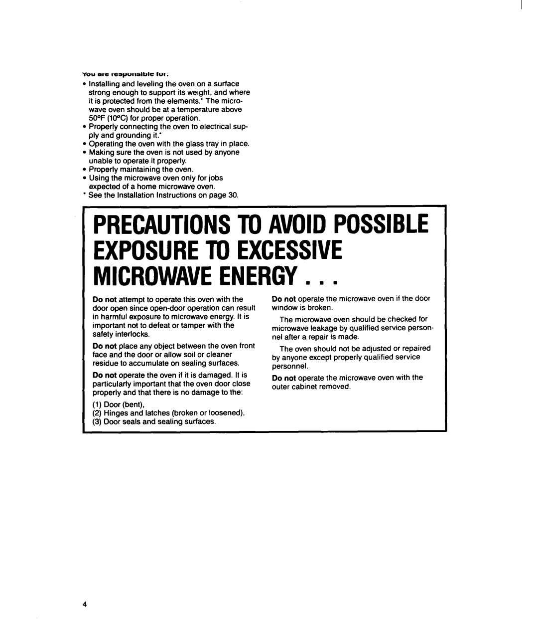 Whirlpool MT2100XY user manual MICROWAVEENERGYn n n, PRECAUTIONSTo AVOIDPOSSIBLE EXPOSURETo EXCESSIVE 