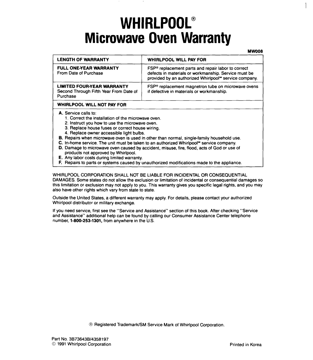 Whirlpool MT2100XY user manual WHIRLPOOL” Microwave OvenWarranty 