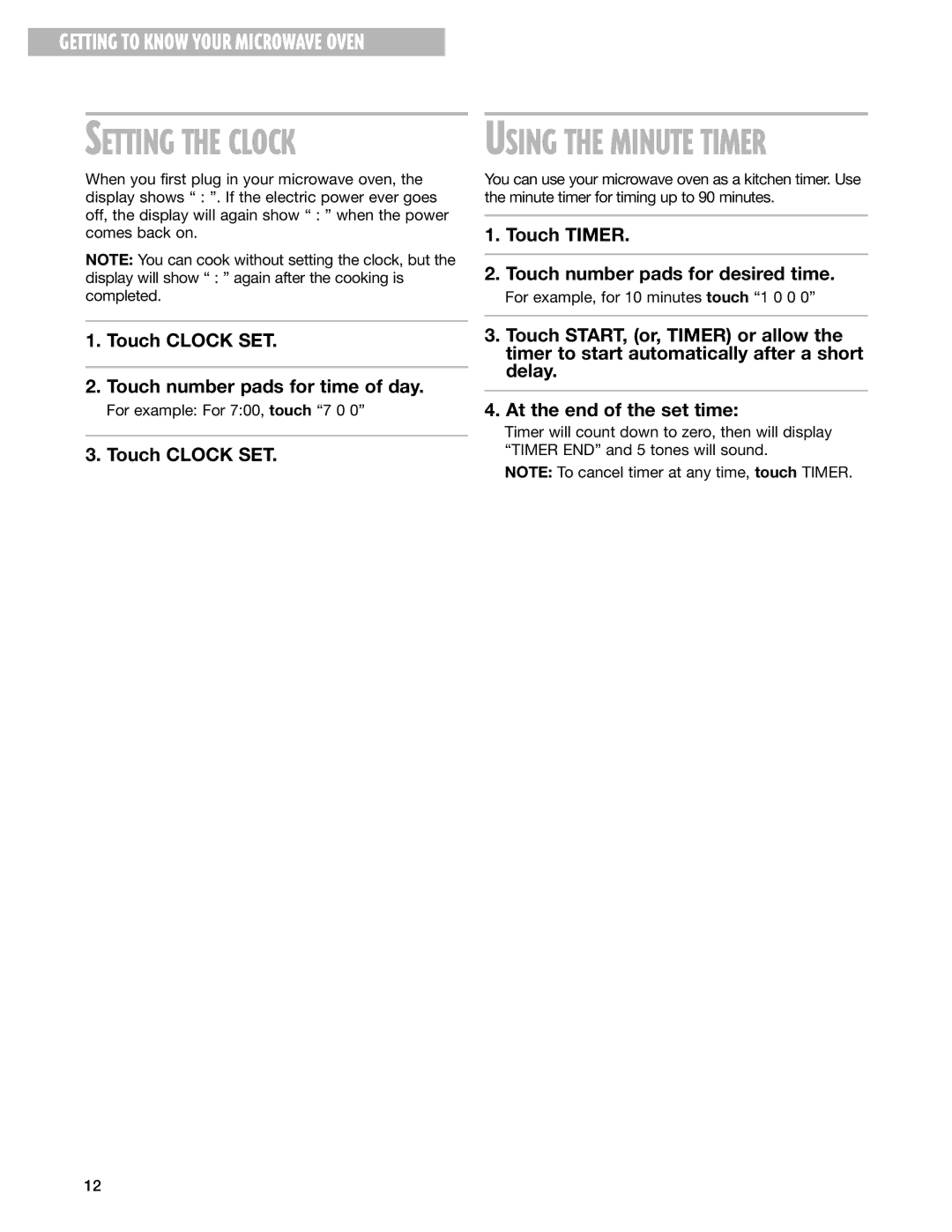 Whirlpool MT2110SJ, MT2210SJ, MT2140SJ installation instructions Setting the Clock 