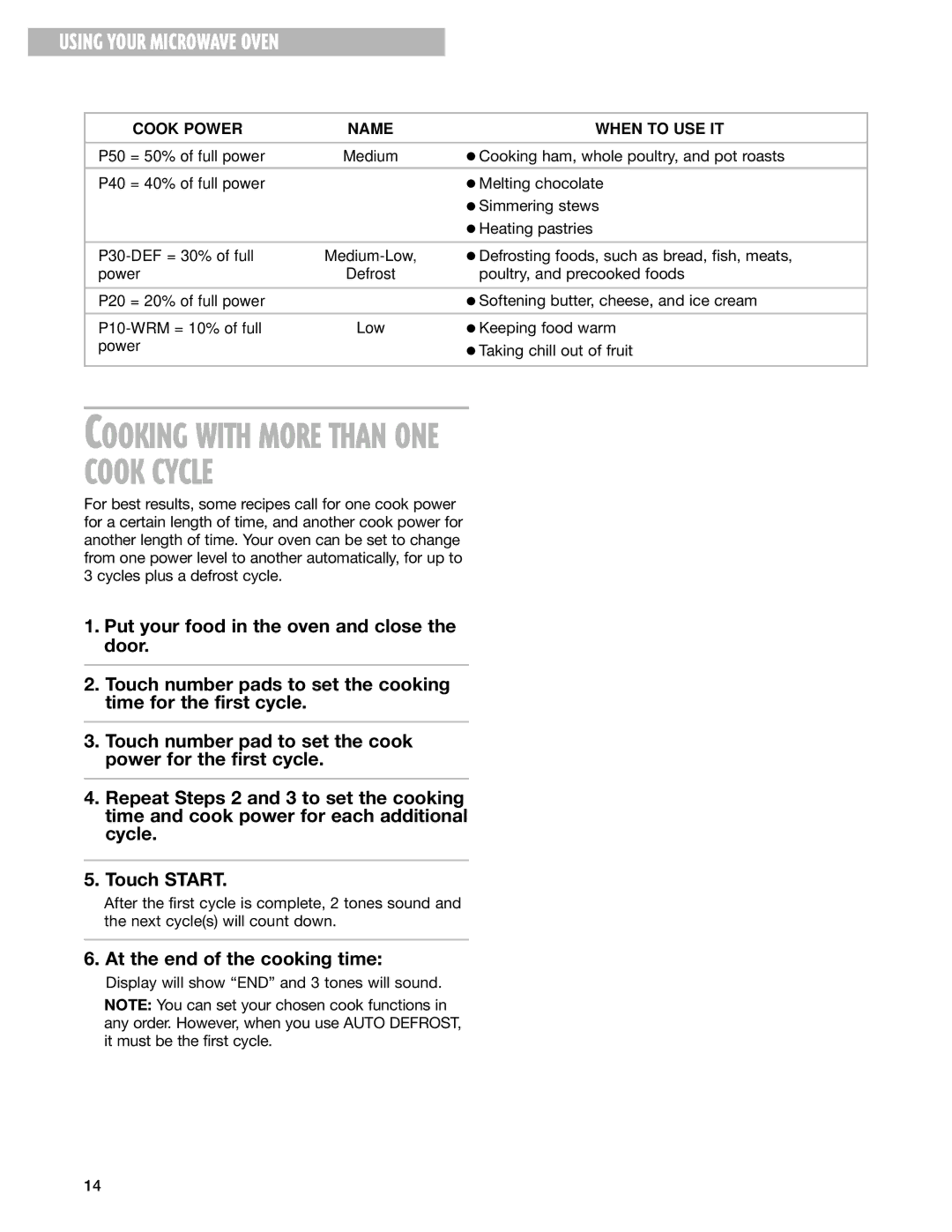 Whirlpool MT2140SJ, MT2110SJ, MT2210SJ Cooking with More than ONE Cook Cycle, Using Your Microwave Oven 