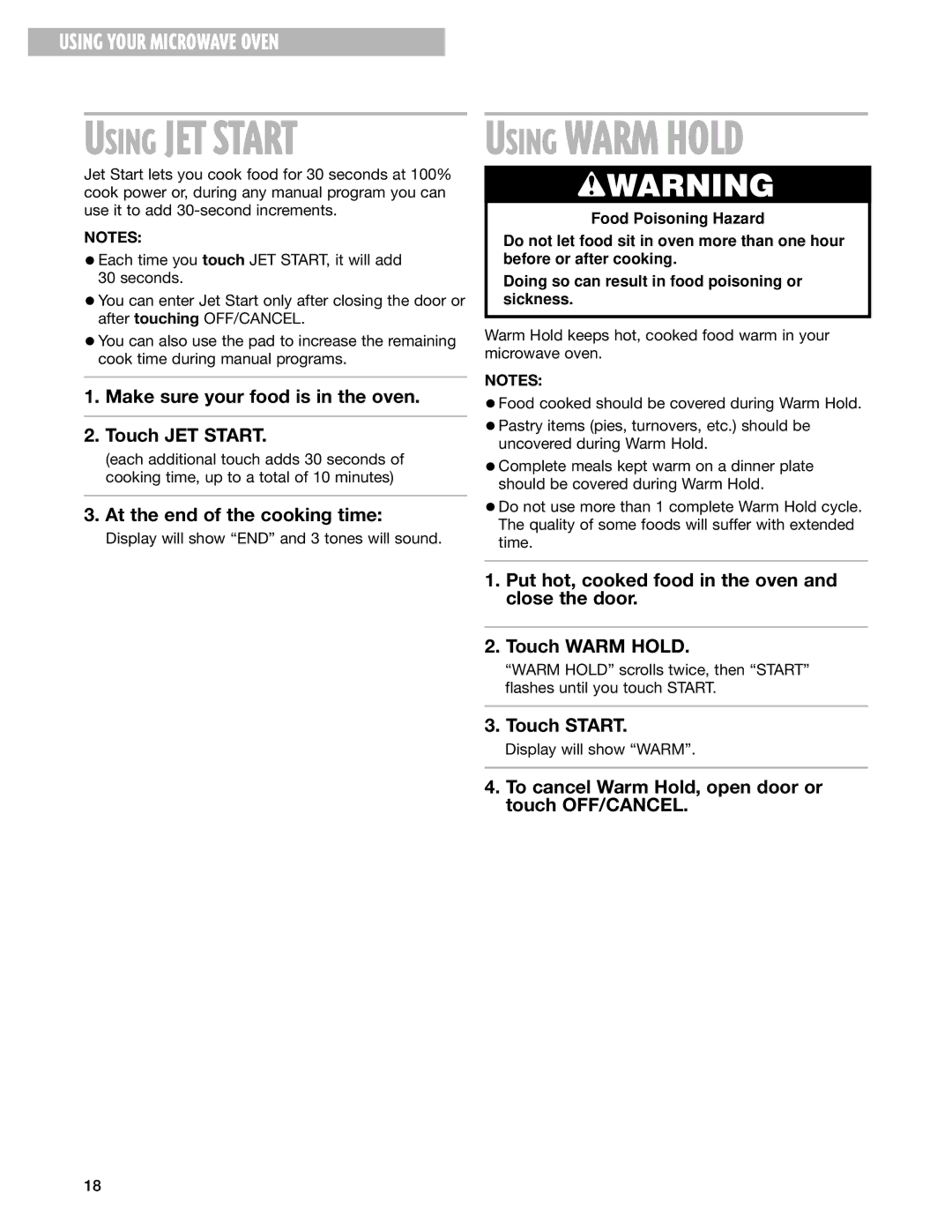 Whirlpool MT2110SJ, MT2210SJ, MT2140SJ installation instructions Using Warm Hold 