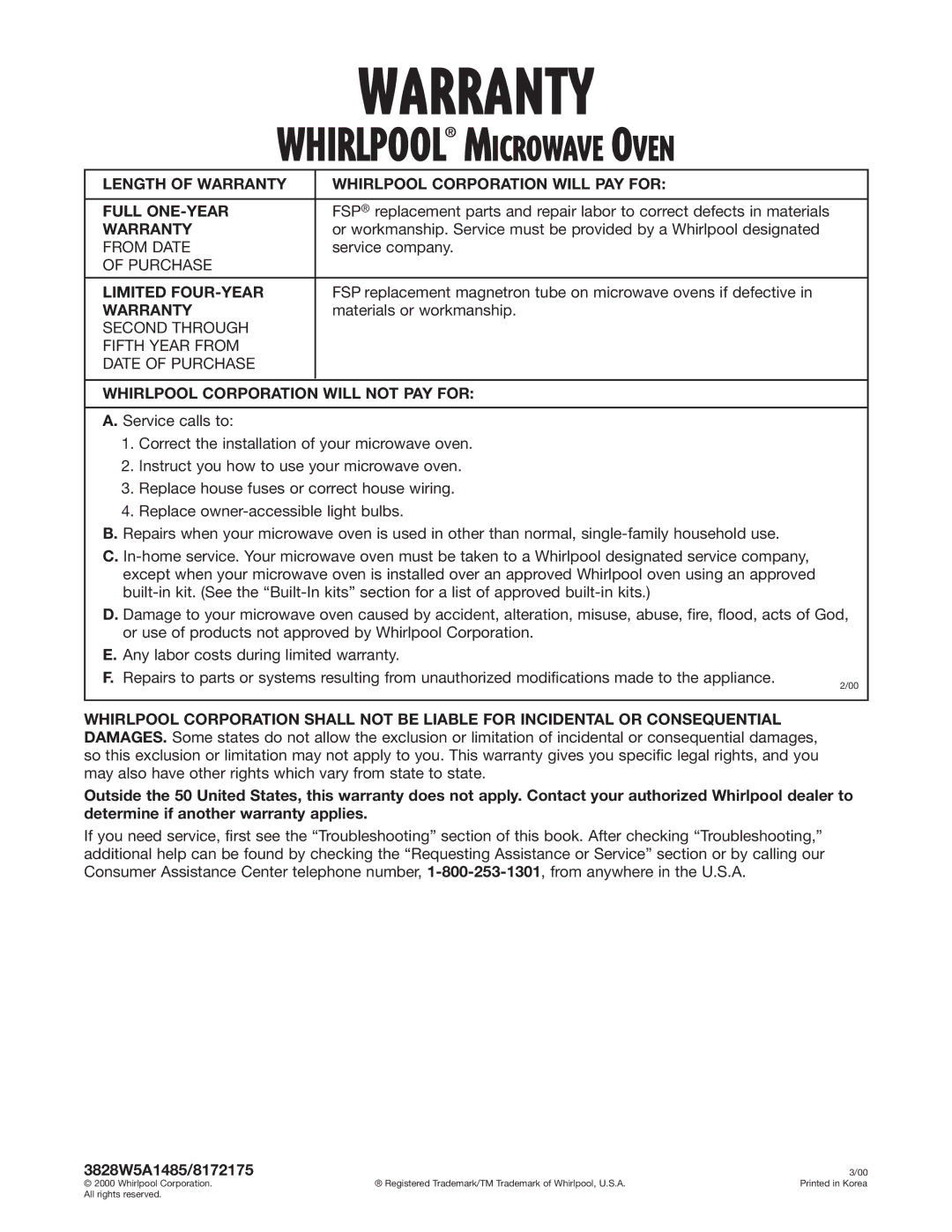 Whirlpool MT2110SJ, MT2210SJ Warranty, Limited FOUR-YEAR, Whirlpool Corporation will not PAY for, 3828W5A1485/8172175 