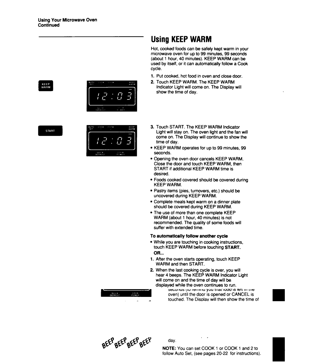 Whirlpool MT2150XW manual Using Keepwarm, Using Your Microwave Oven 