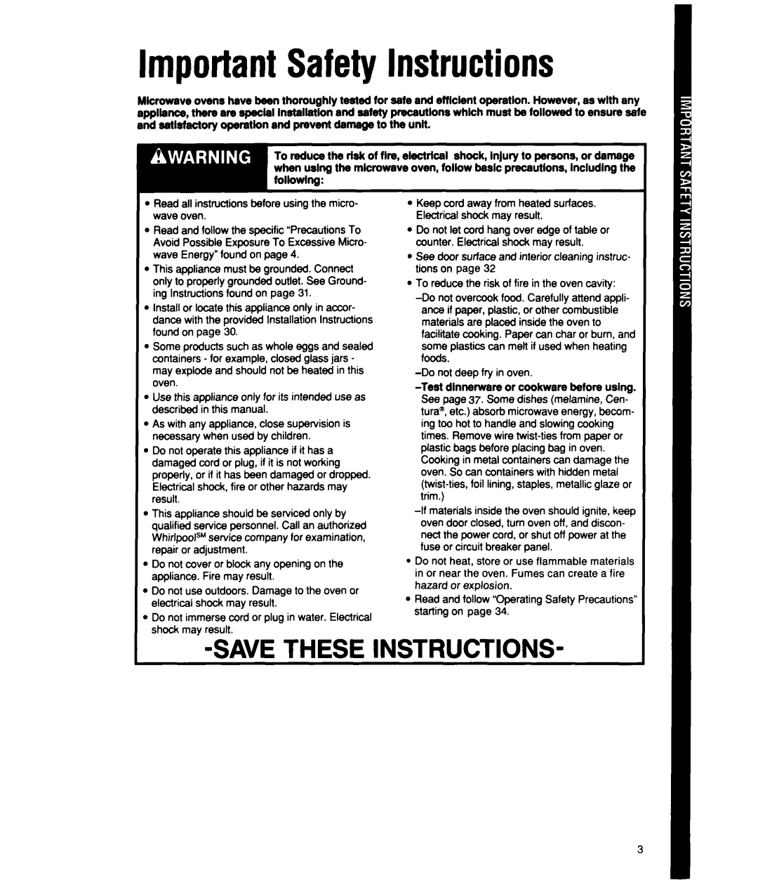 Whirlpool MT2150XW manual ImportantSafety Instructions 