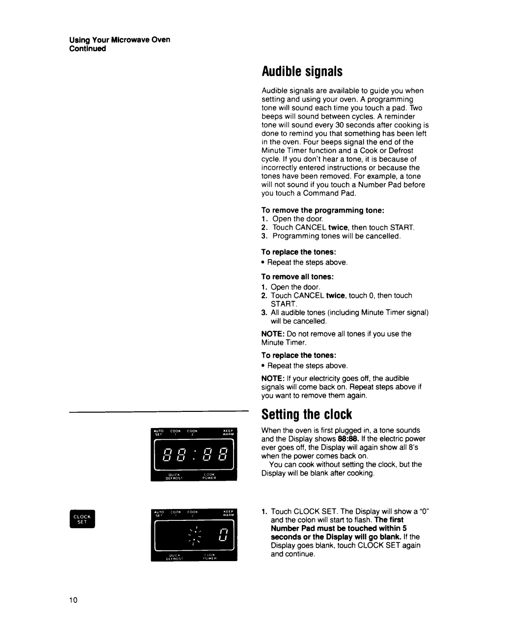 Whirlpool MT2150XW manual Audible signals, Setting the clock 