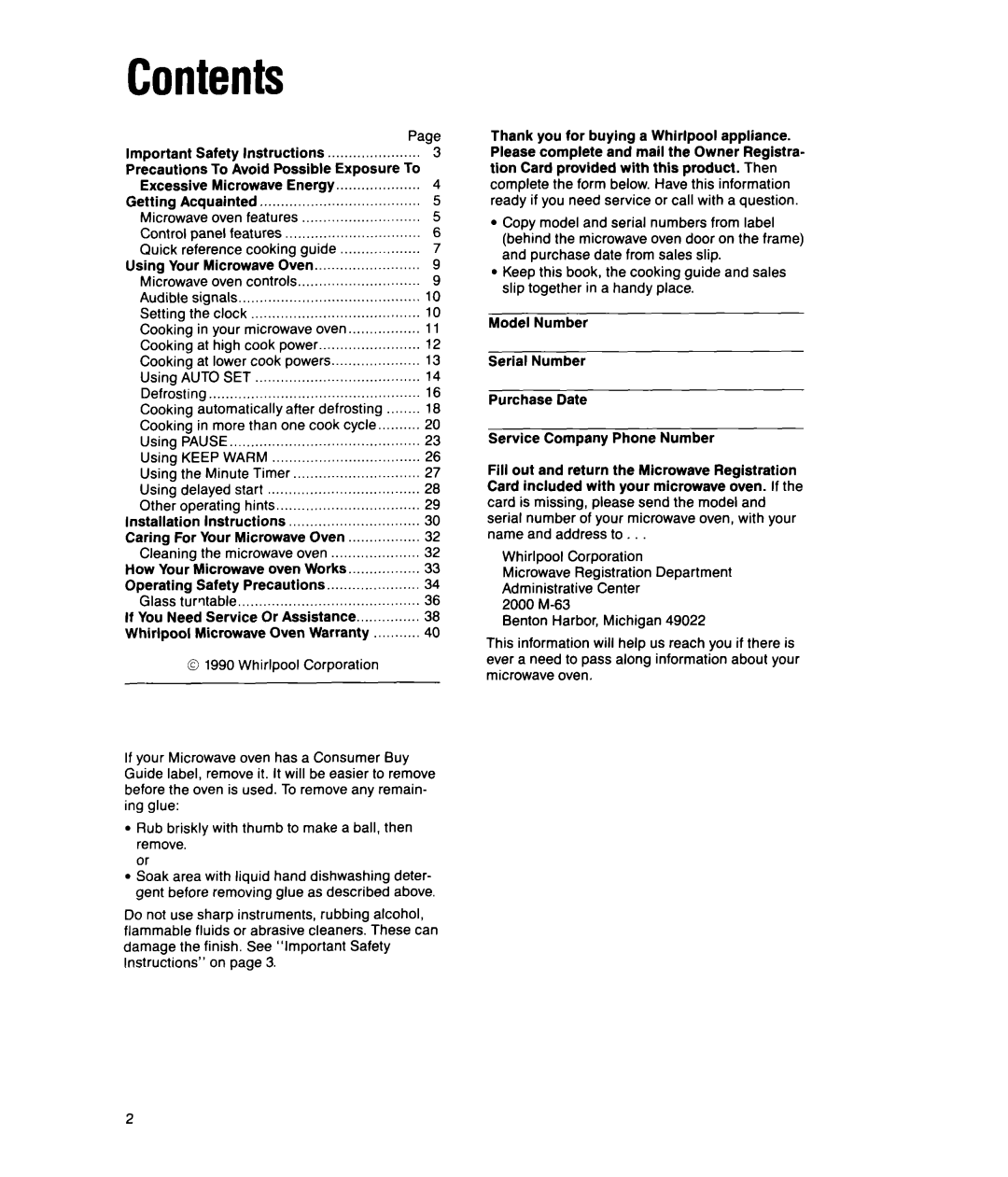 Whirlpool MT2150XW manual Contents 
