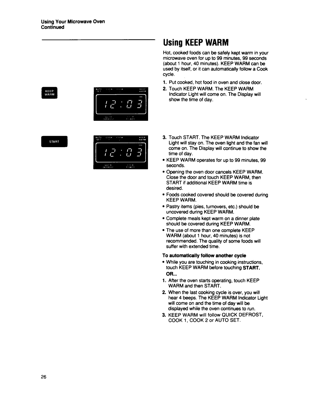 Whirlpool MT2150XW manual Using KEEPWARM 