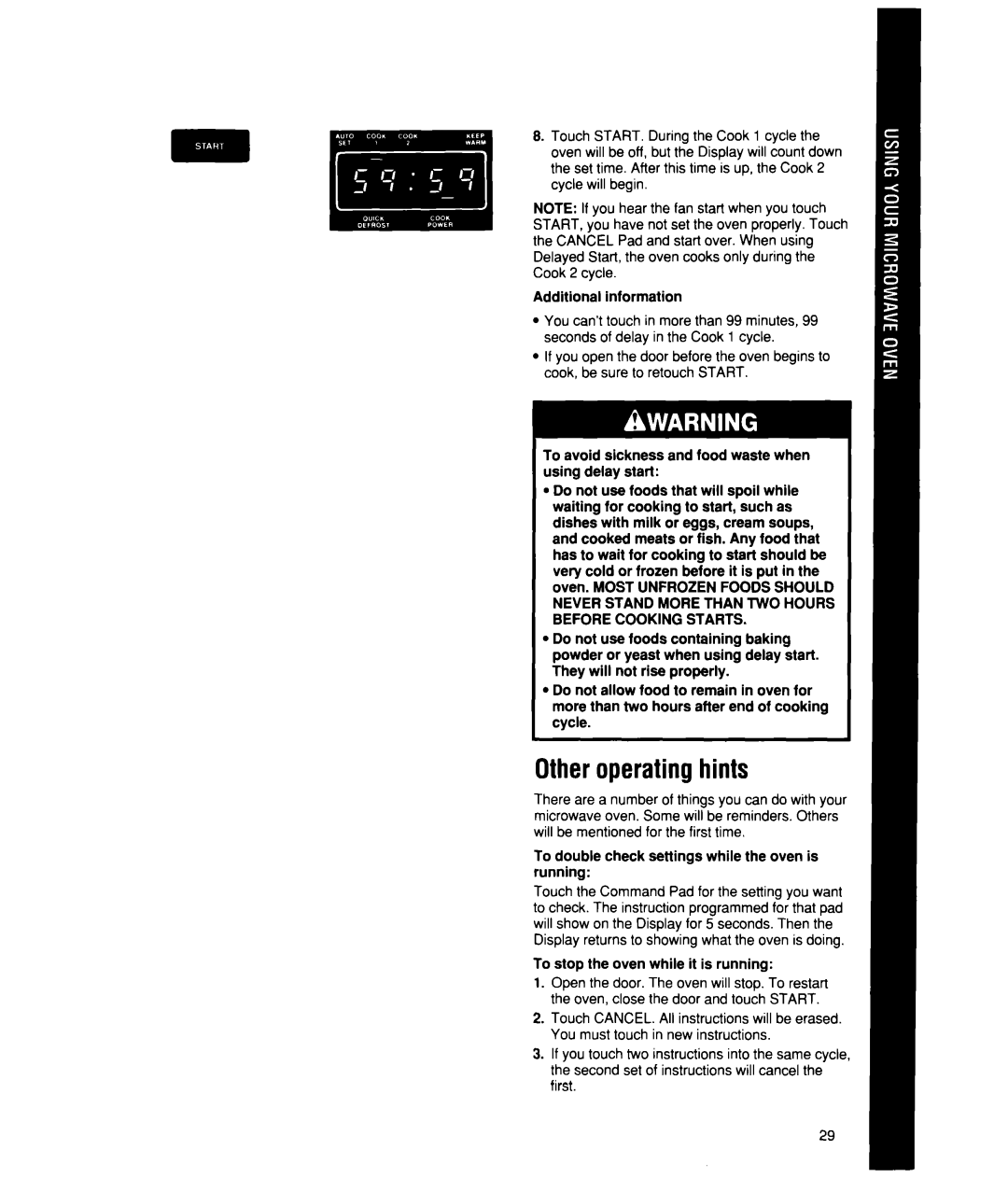 Whirlpool MT2150XW manual Other operating hints 