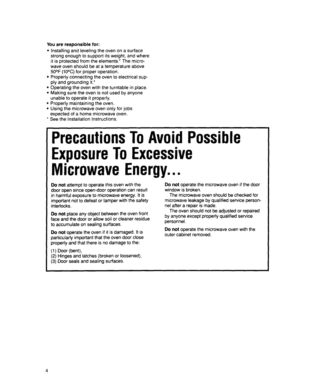 Whirlpool MT2150XW manual PrecautionsToAvoidPossible ExposureToExcessive, MicrowaveEnergy.n 