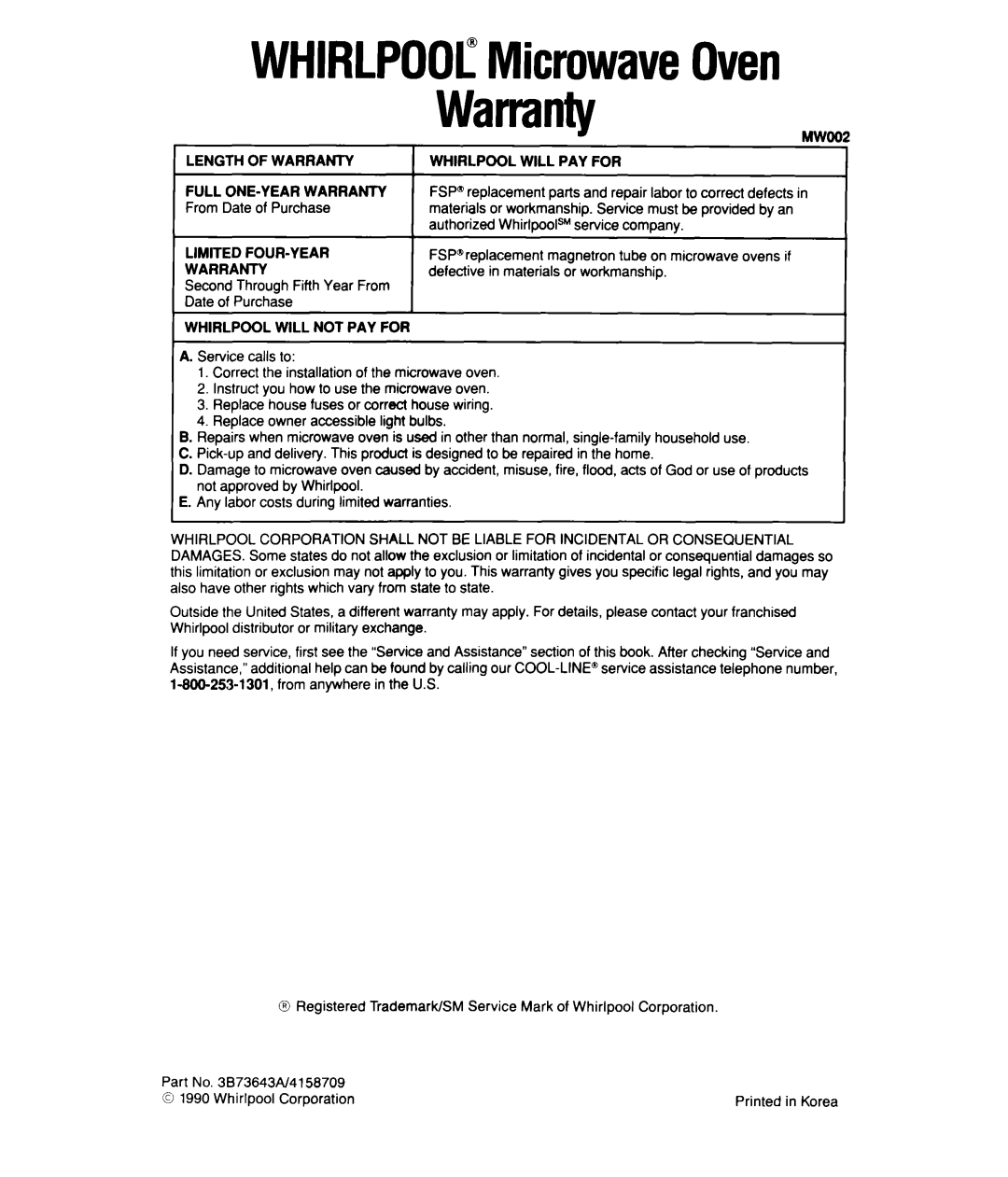Whirlpool MT2150XW manual WHIRLPOOL”MicrowaveOven Warranty 