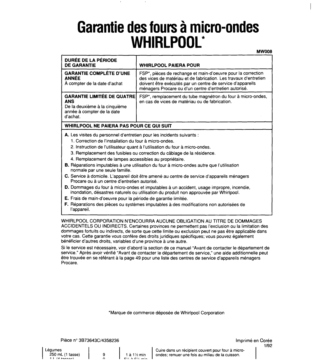 Whirlpool MT21OOCY GarantiedesfoursZImicro-ondes, DE Garantie, Garantie LIMIT~E DE Quatre ANS, Whirlpool Paiera Pour 