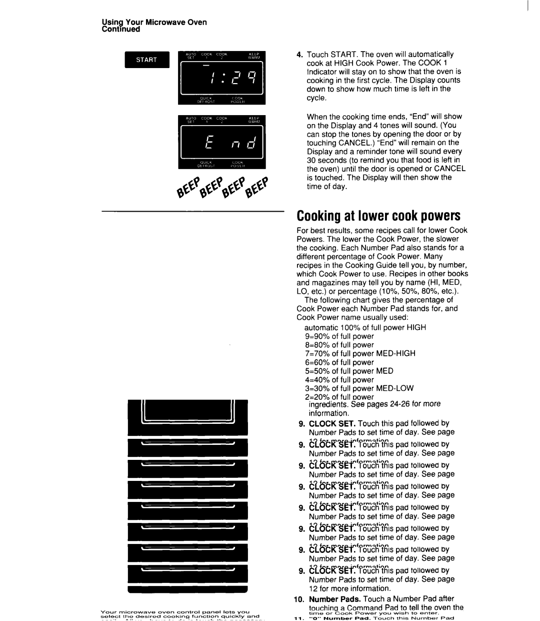 Whirlpool MT21OOCY user manual Cookingat lowercookpowers, =50% of full power MED 4=40% of full power 