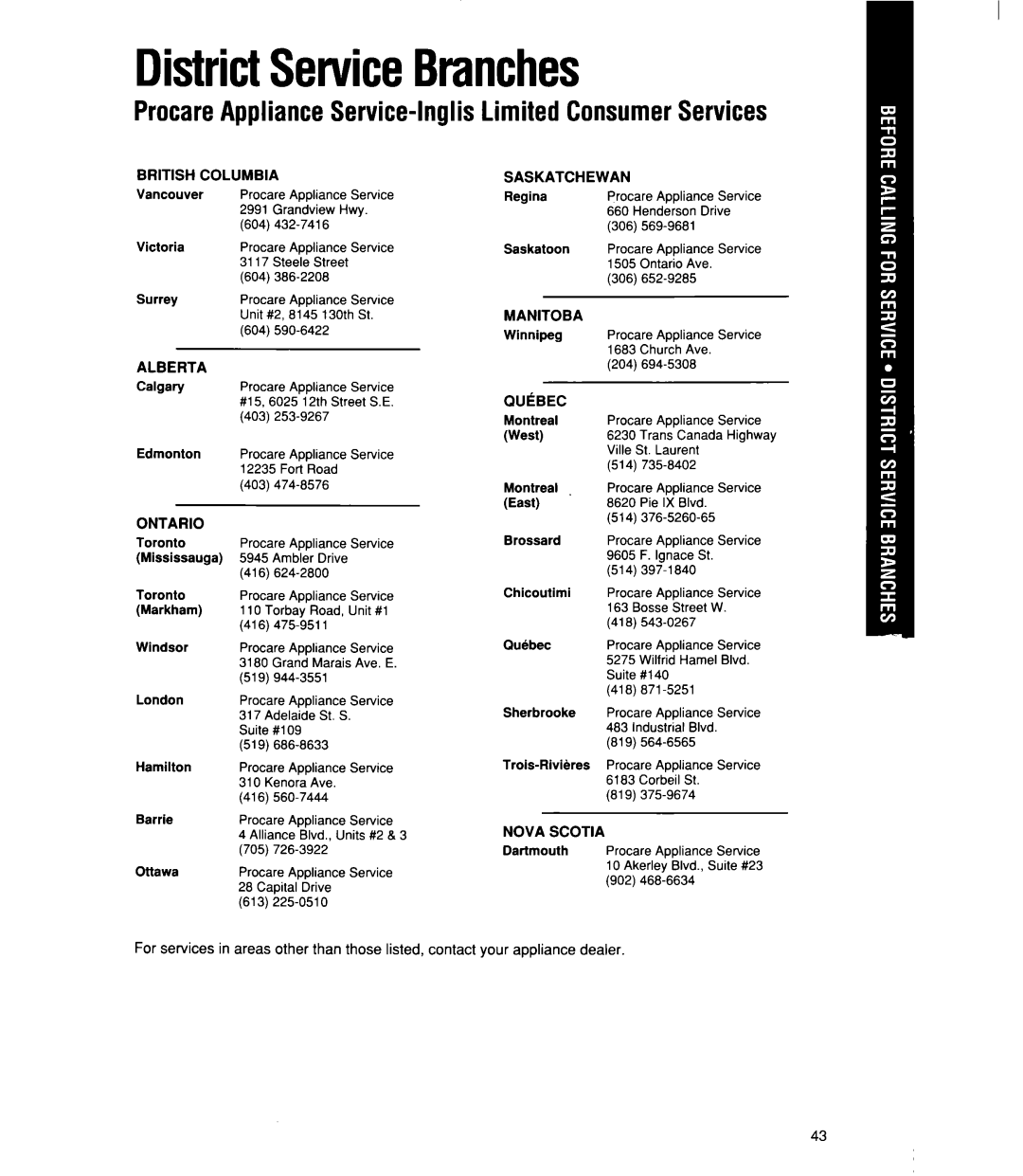 Whirlpool MT21OOCY user manual DistrictServiceBranches, ProcareApplianceService-lnglisLimited ConsumerServices 