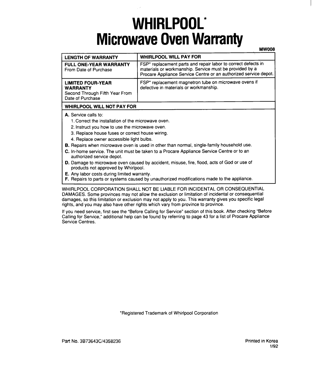 Whirlpool MT21OOCY MicrowaveOvenWarranty, Length of Warranty, Limited FOUR-YEAR Warranty, Whirlpool will PAY for 