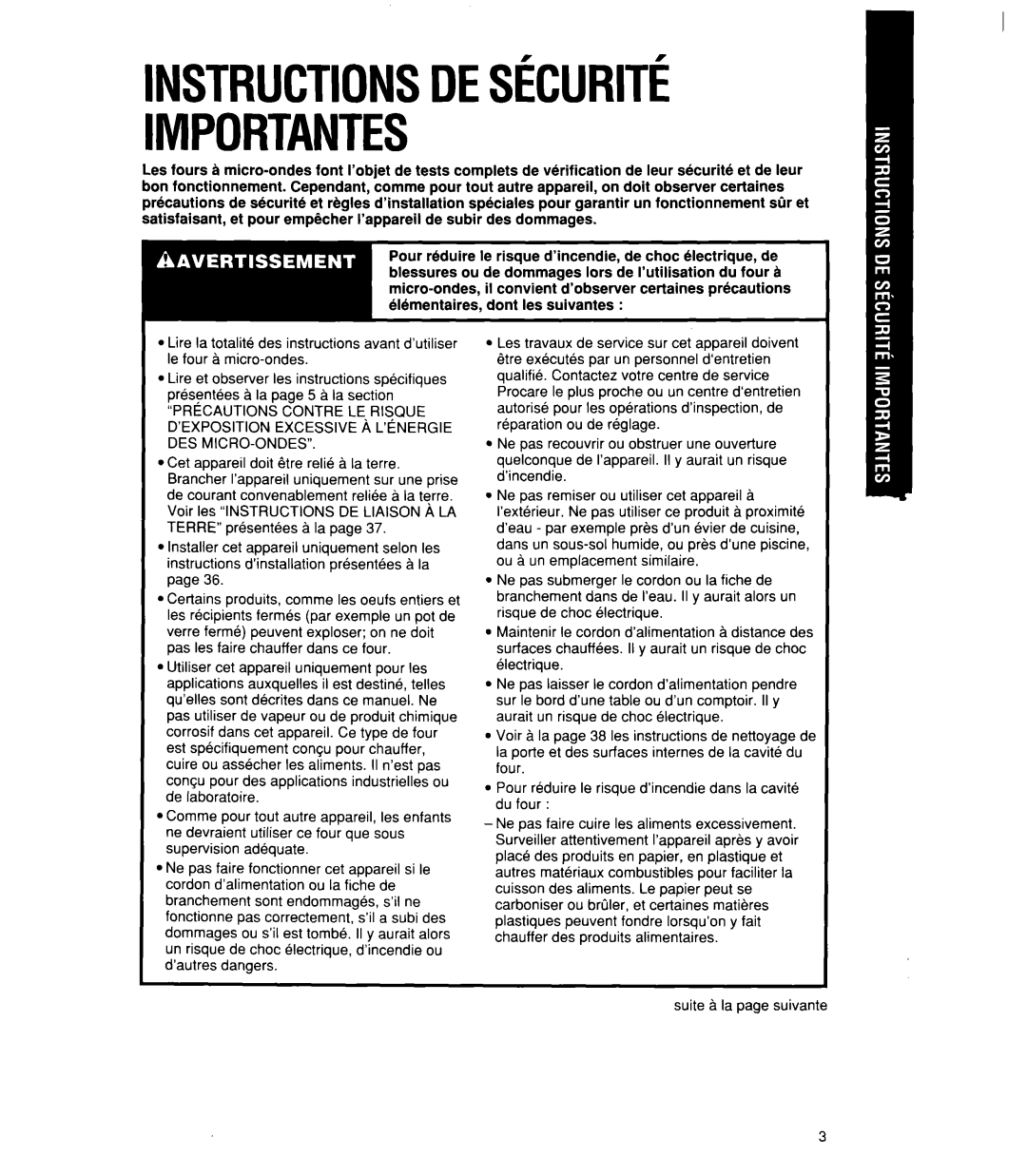 Whirlpool MT21OOCY user manual INSTRUCTIONSDES&URlTg, Des Micro-Ondes, Cet appareil doit etre relic a la terre 