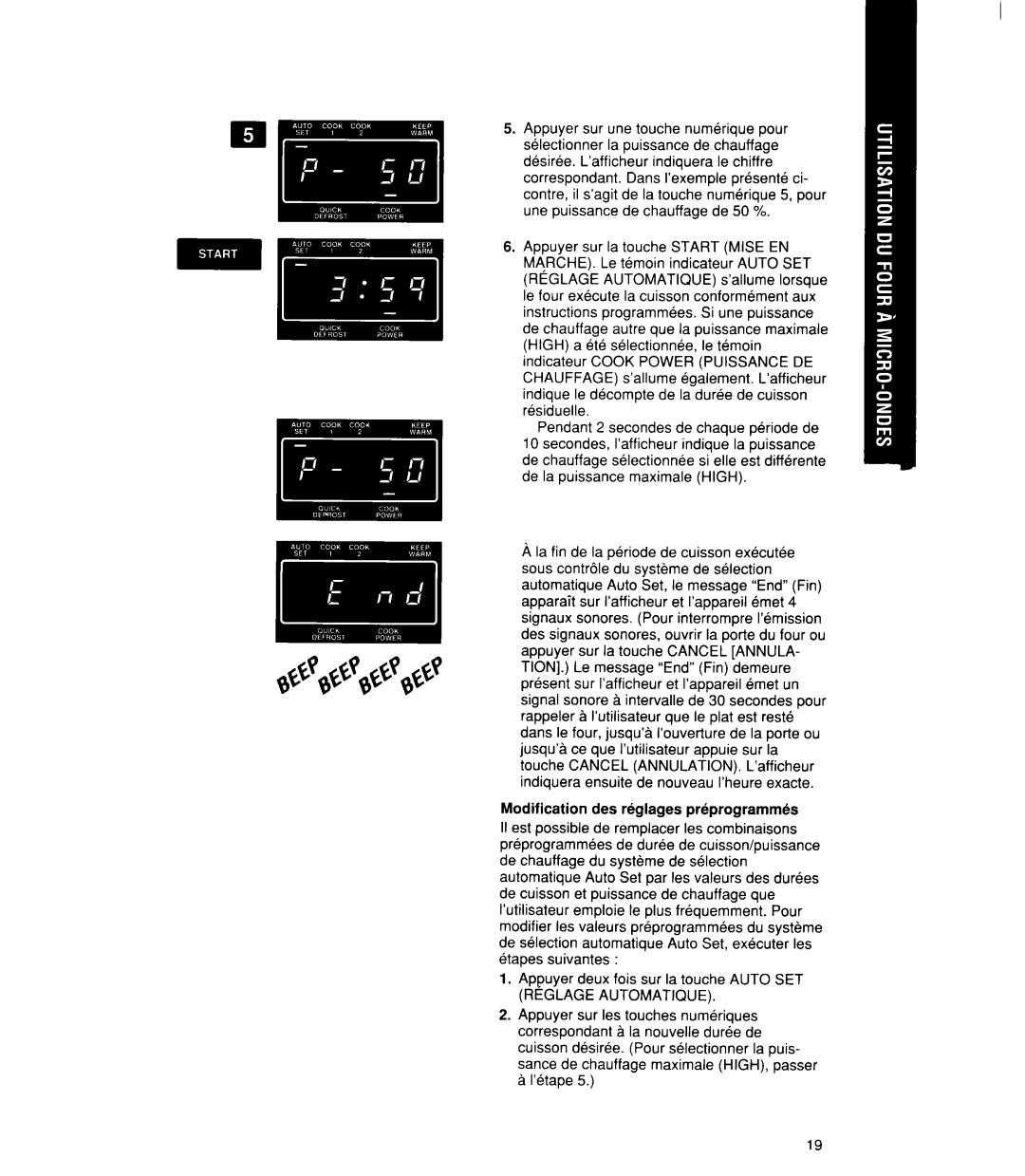 Whirlpool MT21OOCY user manual Modification des rhglages prkprogrammks 