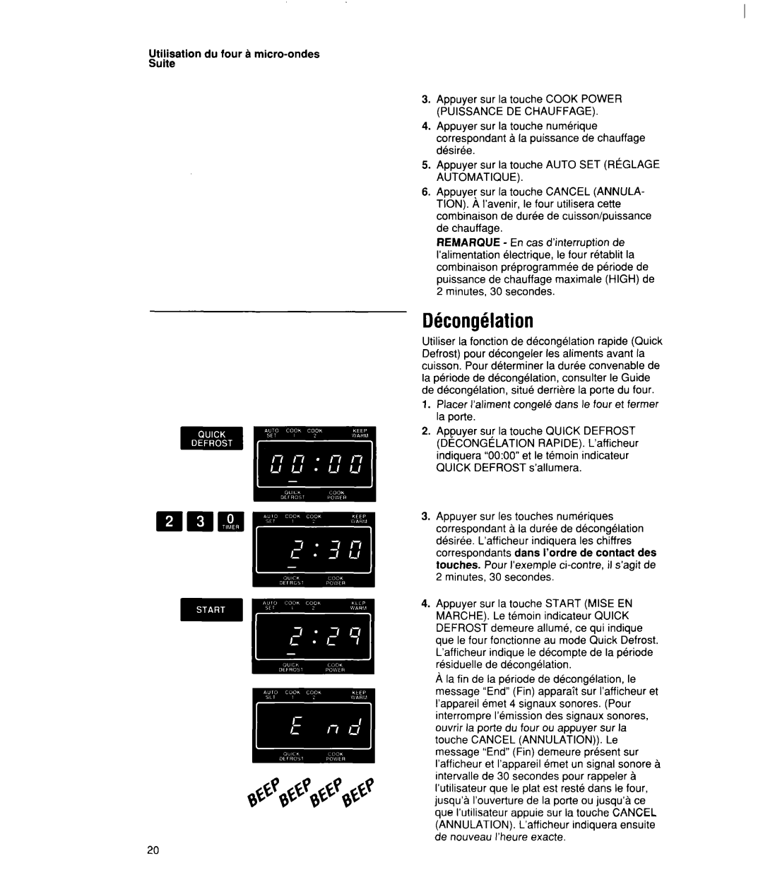 Whirlpool MT21OOCY user manual Dhcongklation, Placer I’aliment congele dans le four et fermer la Porte 