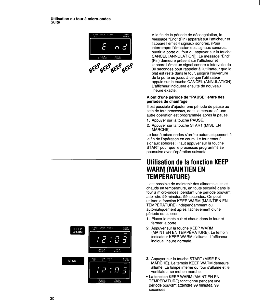 Whirlpool MT21OOCY user manual Utilisation de la fonctionKEEP, Warmmaintienen Temperature 