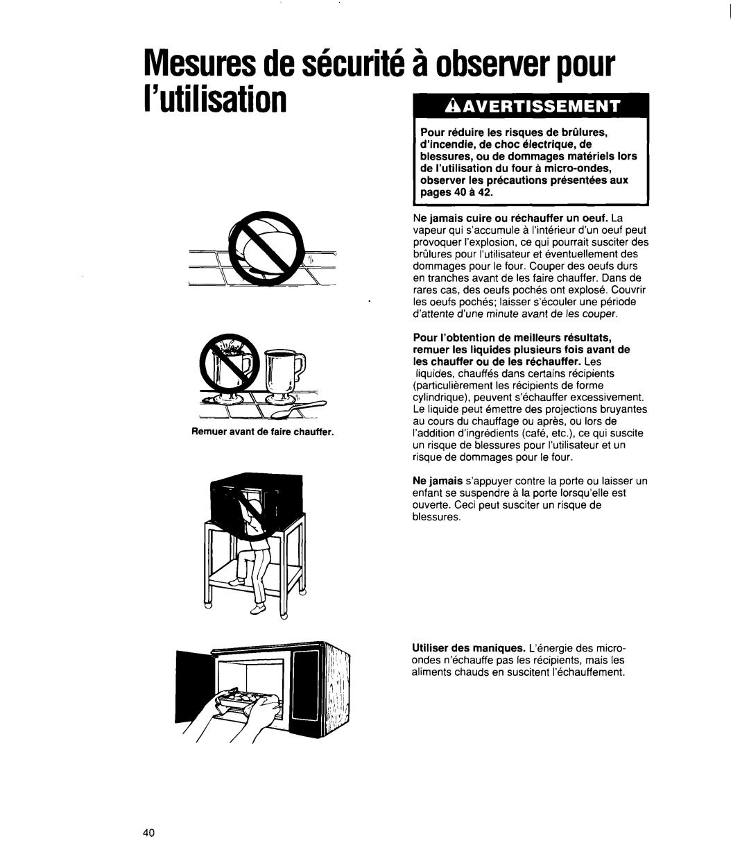 Whirlpool MT21OOCY user manual Mesuresdes&wit6 a observerDour I’utilisation 