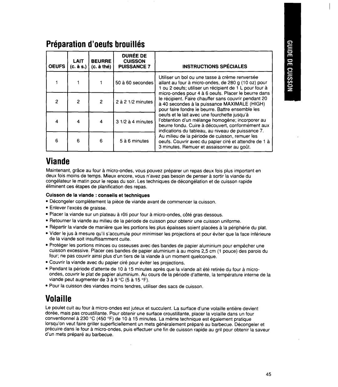 Whirlpool MT21OOCY user manual Viande, Volaille, DUR~E DE Lait Bemire Cuisson, Deufs c. B s. c. b th6 Puissance 