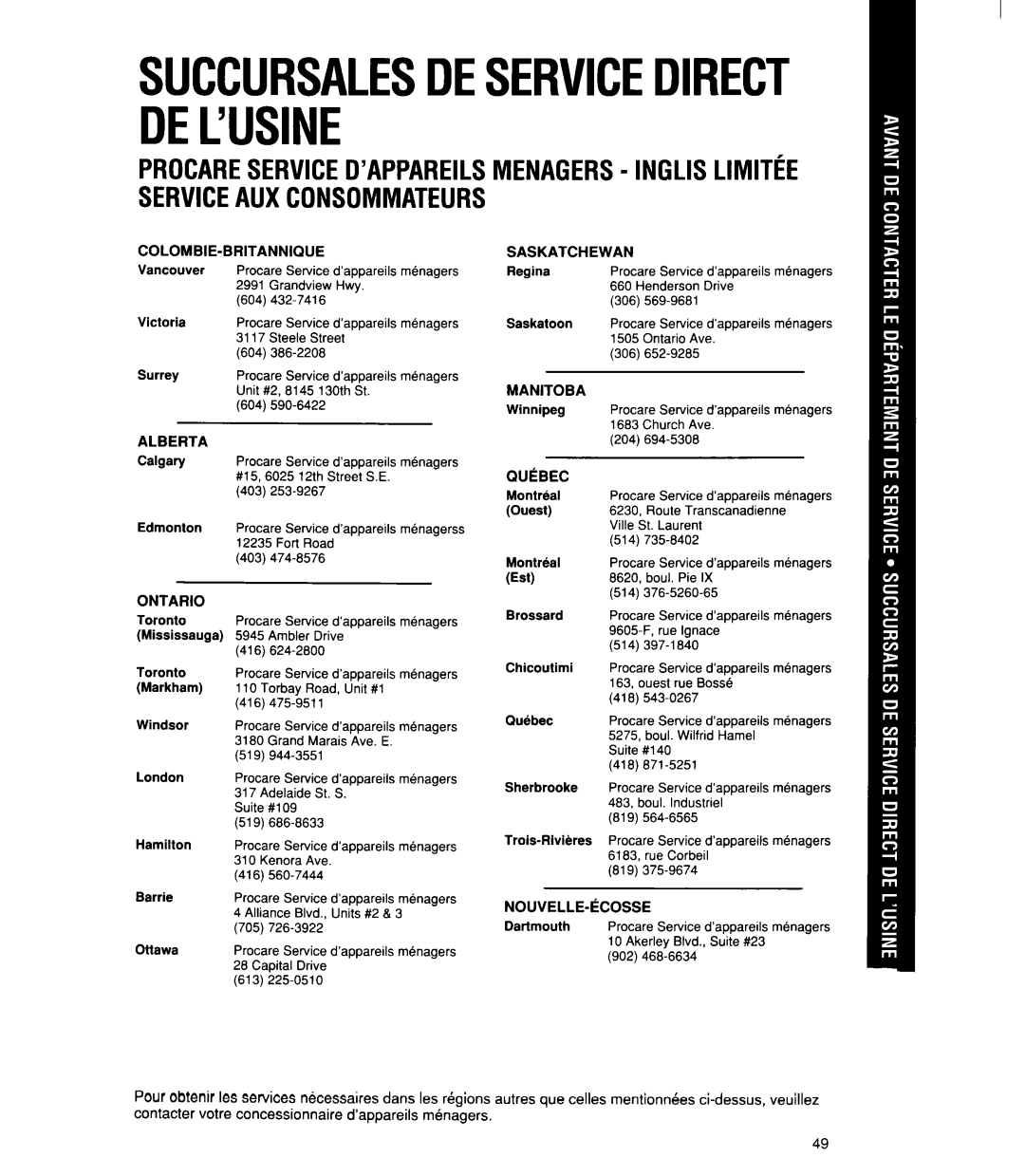 Whirlpool MT21OOCY user manual Succursalesdeservicedirect DEL’USINE, PROCARESERVICED’APPAREILSMENAGERS- INGLISLIMITtE 