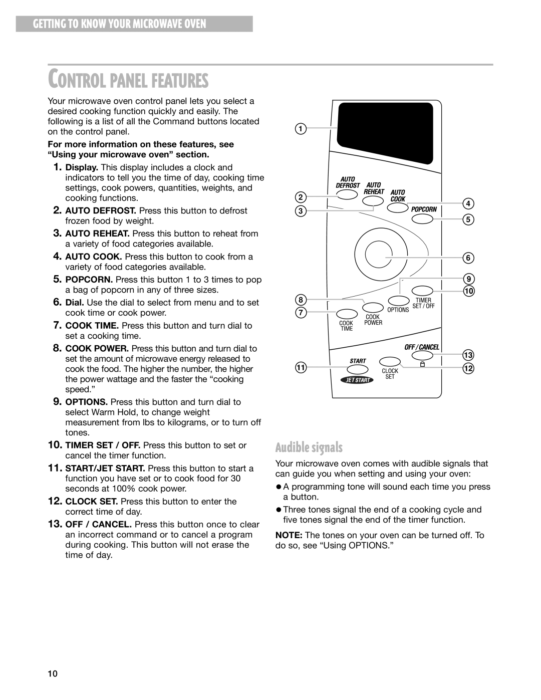 Whirlpool MT3070SH installation instructions Audible signals, Control Panel Features 