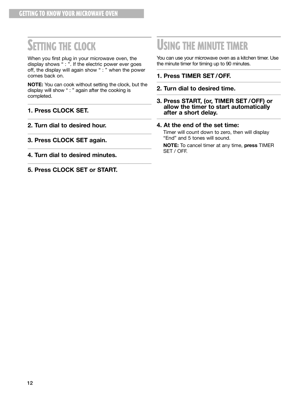 Whirlpool MT3070SH installation instructions Setting the Clock 