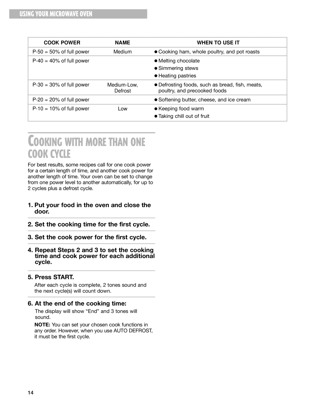 Whirlpool MT3070SH installation instructions Cooking with More than ONE Cook Cycle, Using Your Microwave Oven 