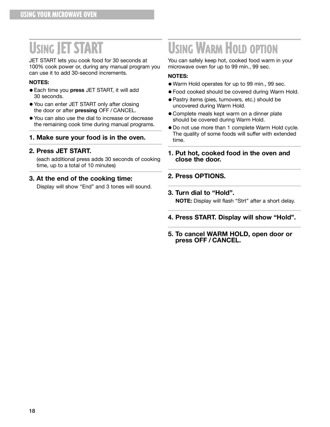 Whirlpool MT3070SH installation instructions Using JET Start 