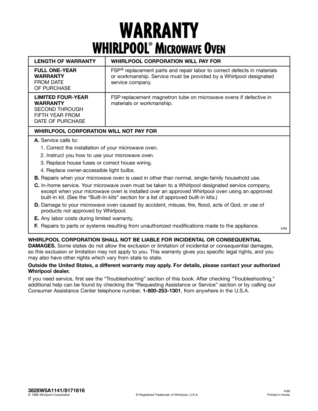 Whirlpool MT3070SH installation instructions Warranty, Limited FOUR-YEAR, Whirlpool Corporation will not PAY for 