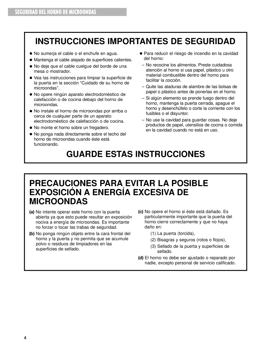 Whirlpool MT3070SH installation instructions Seguridad DEL Horno DE Microondas 