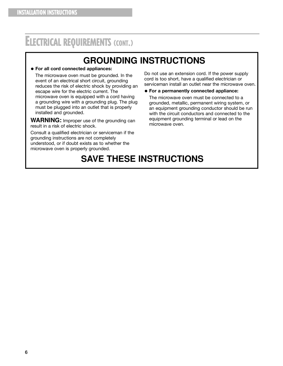 Whirlpool MT3070SH installation instructions Electrical Requirements, For all cord connected appliances 