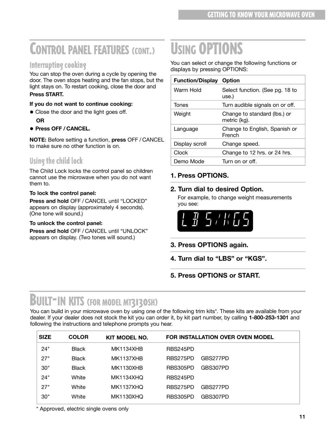 Whirlpool MT3130SH Interrupting cooking, Using the child lock, Size Color KIT Model no For Installation Over Oven Model 