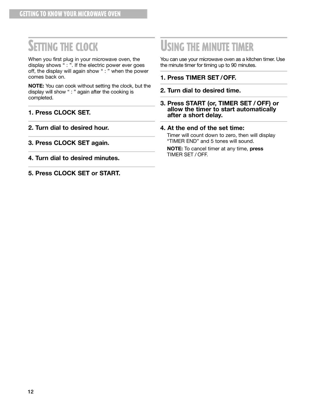 Whirlpool MT3100SH, MT3130SH installation instructions Setting the Clock 