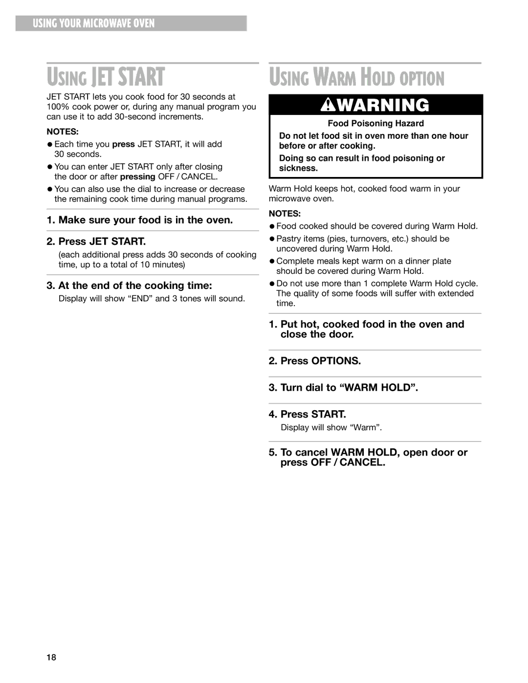 Whirlpool MT3100SH, MT3130SH installation instructions Using JET Start 