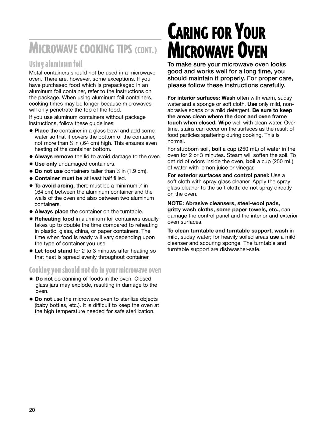 Whirlpool MT3100SH, MT3130SH installation instructions Using aluminum foil, Cooking you should not do in your microwave oven 