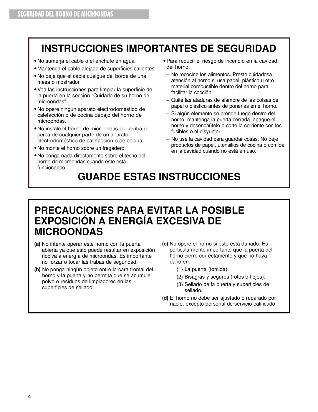 Whirlpool MT3130SH, MT3100SH installation instructions Seguridad DEL Horno DE Microondas 