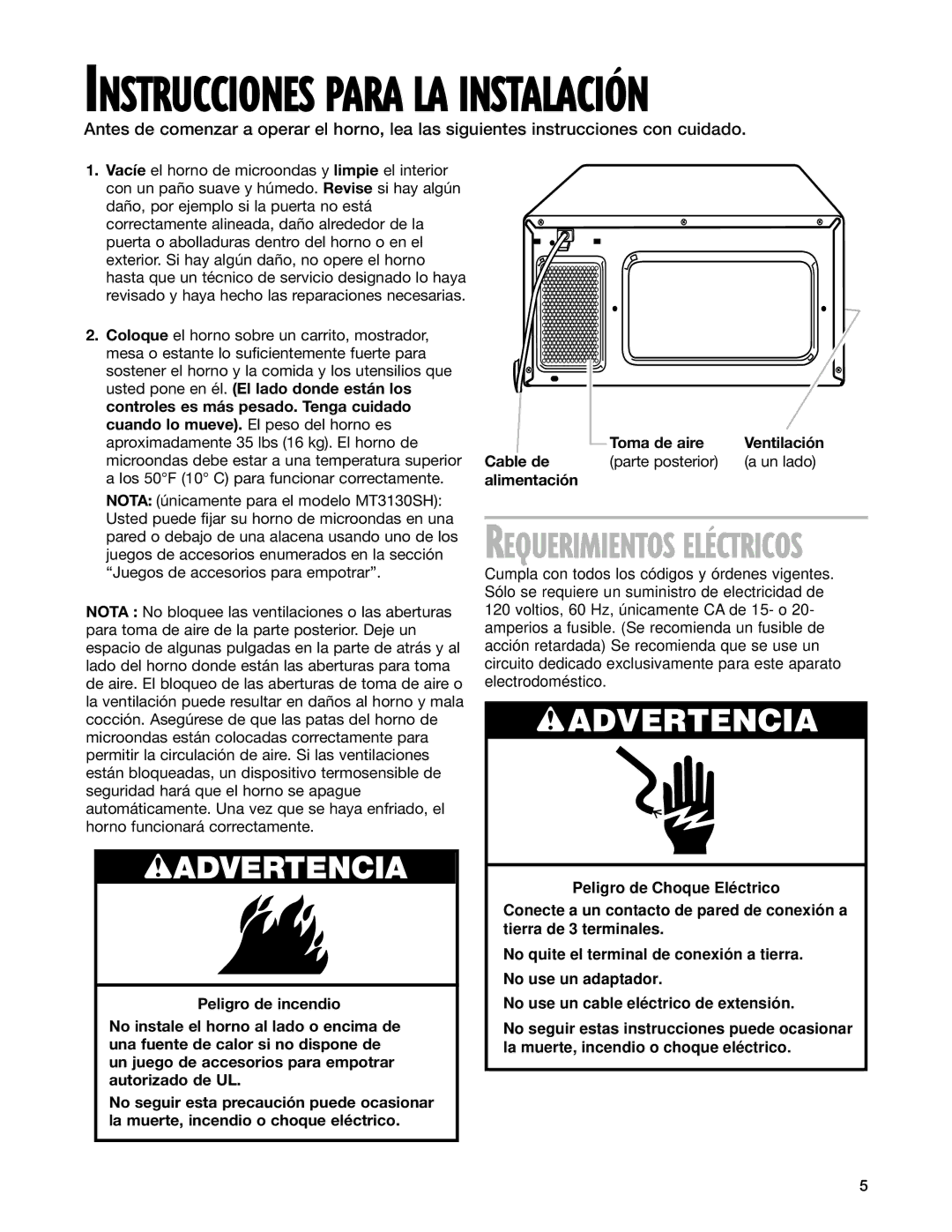 Whirlpool MT3100SH, MT3130SH Requerimientos ELƒCTRICOS, Cable de Parte posterior Un lado Alimentación 